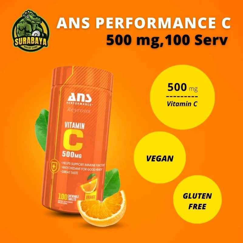 ANS PERFORMANCE VITAMIN C 500 MG 100 KAPSUL CHEWABLE TABLET VIT C 500MG CAPSULES VITC 500 MILIGRAM CAPSULE BISA DI KUNYAH SUPLEMEN FITNESS GYM MULTIVITAMIN