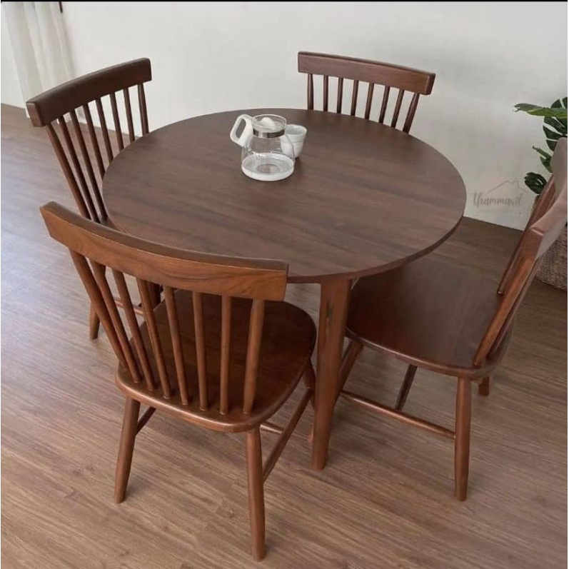 SET MEJA MAKAN BULAT KURSI CAFE KAYU JATI DIAMETER 100CM (TEBAL FULL 3CM)