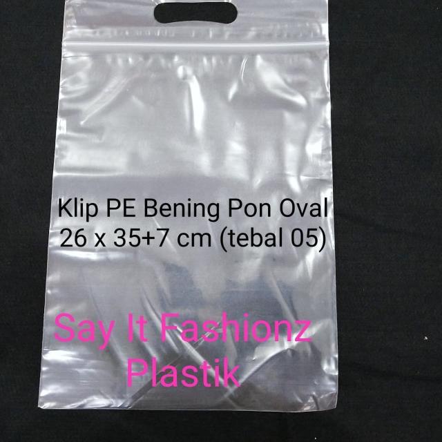 

Plastik Klip Pon Oval PE Bening 26x35+7cm tebal 05 (isi 100 lembar)