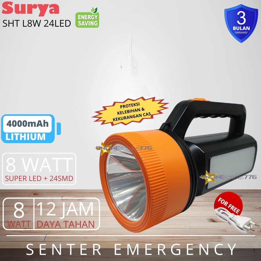 SURYA SENTER dan LAMPU EMERGENCY 2in1 SUPER TERANG SHT L8W 24LED BESAR TAHAN 12 JAM