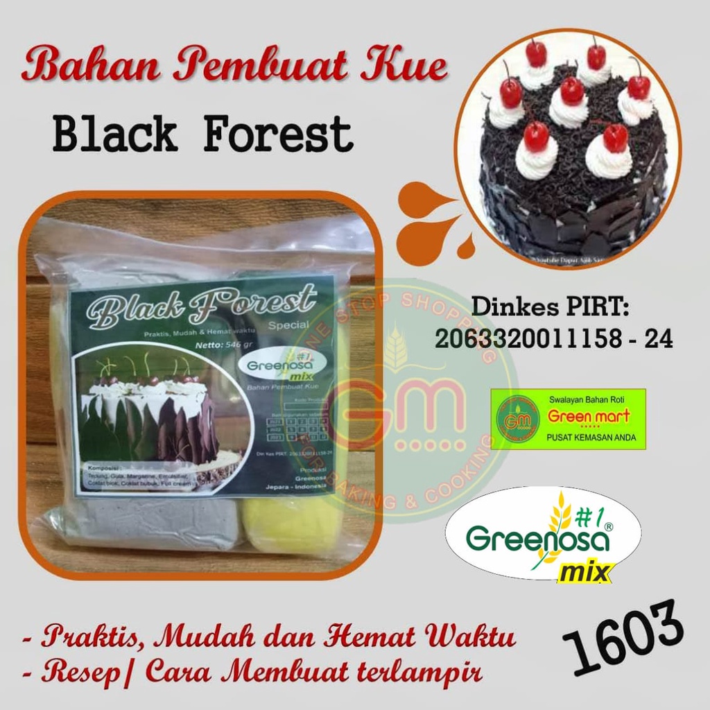 

Tepung Premiks Instant Bahan Pembuat Kue Resep Greenosa Mix Black Forest Praktis Enak Mudah. 1603