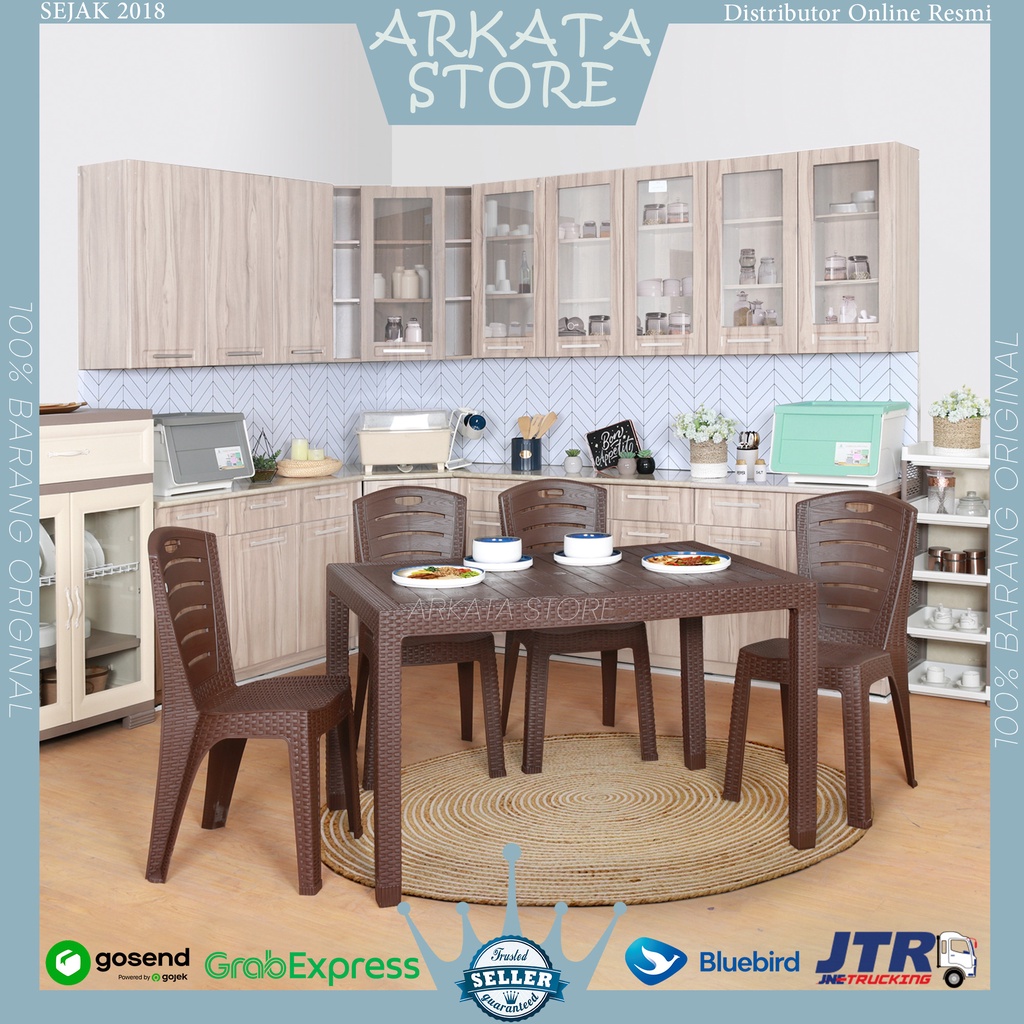 1 Set meja Makan Plastik 120 ODT-R + 4 Kursi Olymplast Rotan OL 203 208