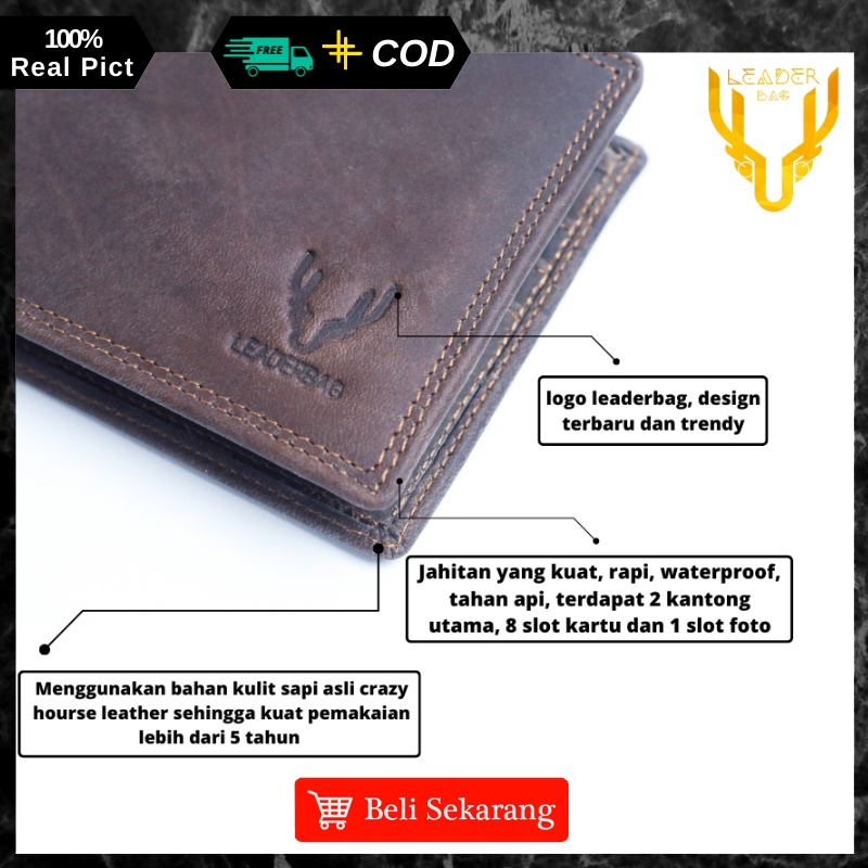 Dompet Pendek Lipat Pria Kulit Sapi Asli Merk Leaderbag Warna Coklat Terbaru Dompet Cowok Keren Branded 100% Original NEPTUNE V2 E04