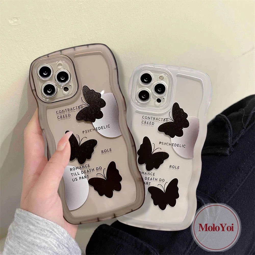 Soft Case Tpu Motif Kupu-Kupu Hitam Untuk iPhone 11 12 14 13 Pro Max XR 14 Plus 7 6 6s 8 Plus X XS Max SE 2020 7Plus 8Plus