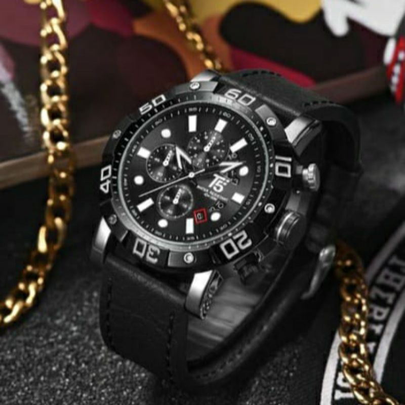 jam tangan pria T5 H3855G Tali Kulit Hitam Silver Elegan Chrono aktif Original