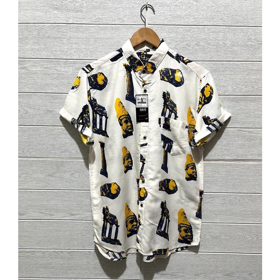 Kemeja pantai pria motif floral abstrak bahan rayon premium