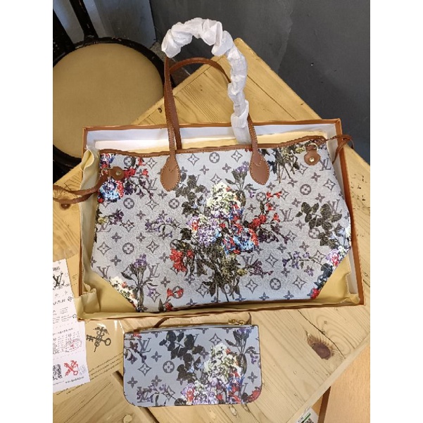 tas fashion Tote LV neverfull bunga free box, tas Tote flora set dompet size medium