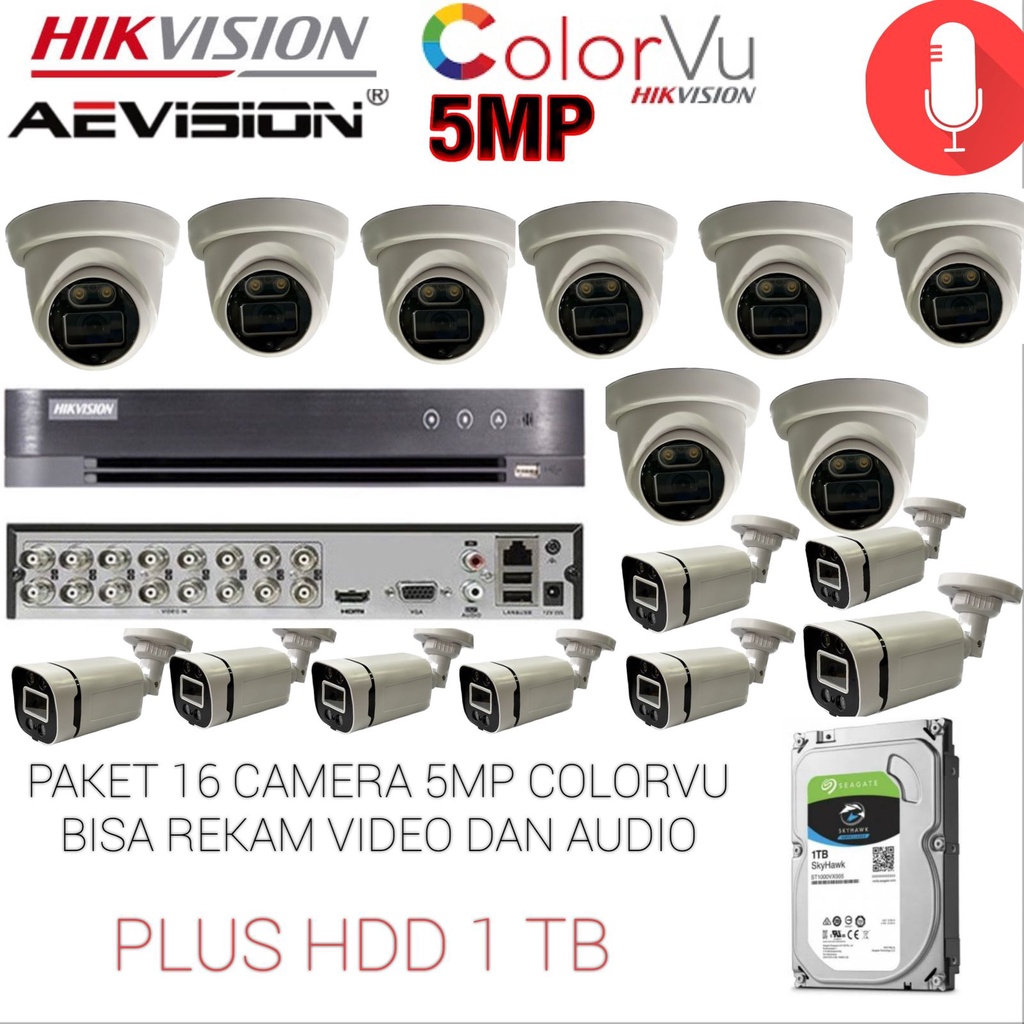 PAKET 16 CAMERA HIKVISION COLORVU 5MP MIC BISA REKAM VIDEO AUDIO