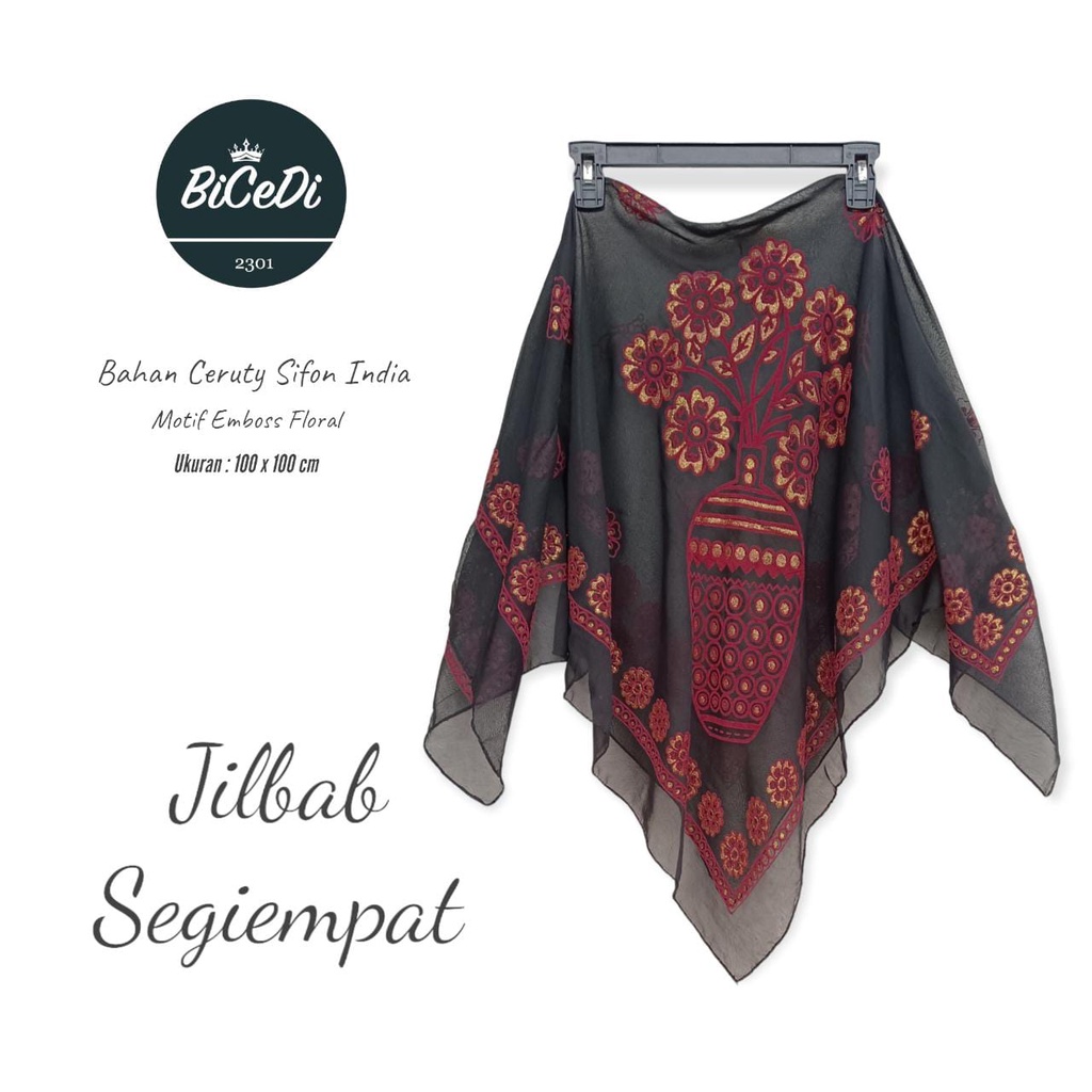 Jilbab Segiempat Ceruty Sifon Motif Pot Flower Batik India Emboss / Hijab Segi Empat 100 x 100cm / Kerudung Ceruty Segitiga