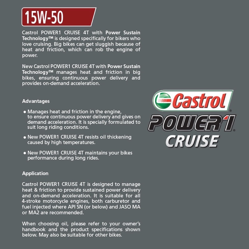 Oli Castrol Power1 CRUISE Motor 4T Sae 15W-50 1Liter Original