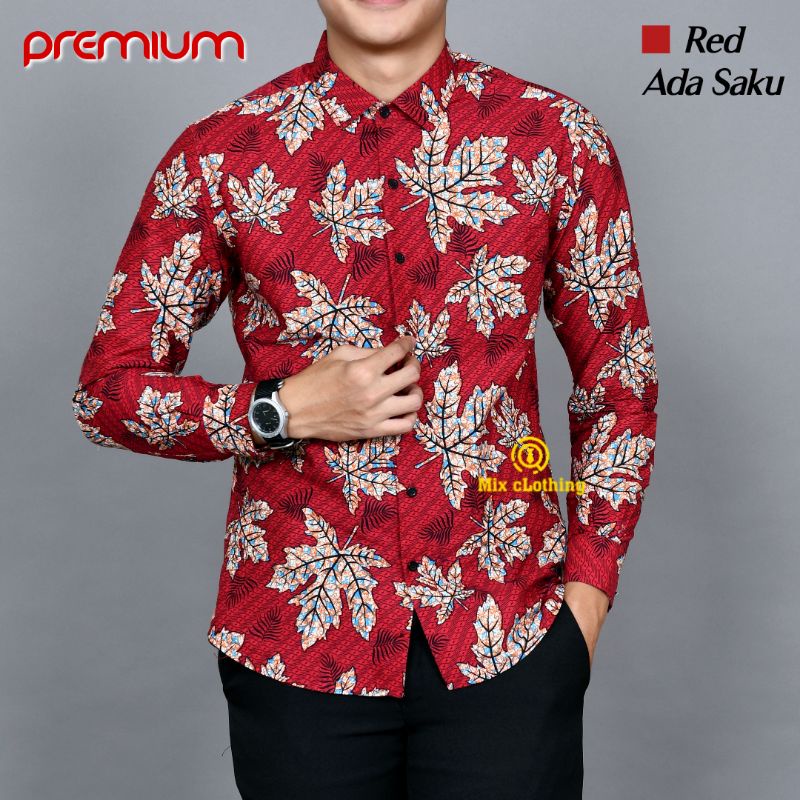 Baju Batik Pria Slimfit Kemeja Batik Pria Lengan Panjang Luigi Hem Baju kerja Distro Merah