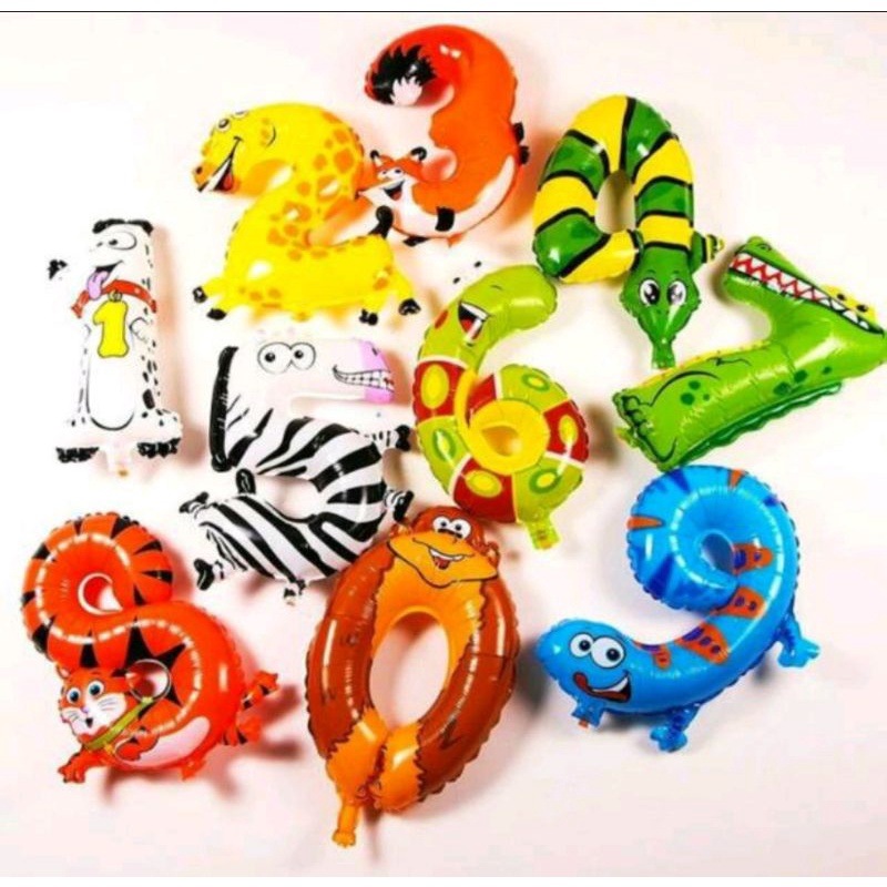 Balon angka hewan 40cm | balon foil angka gambar hewan | dekorasi tema safari | dekorasi woodland | 