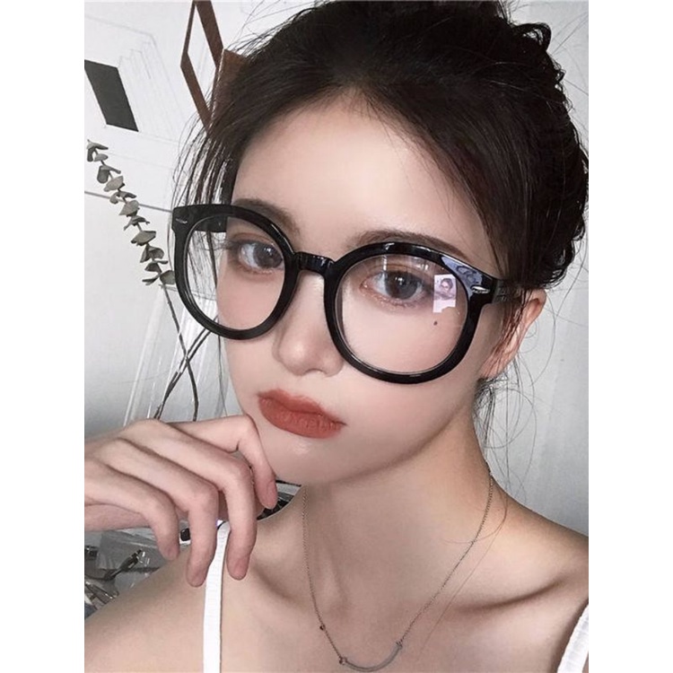 Roselife Kacamata Hitam Frame Bulat Oversized Gaya Retro Korea Untuk Wanita