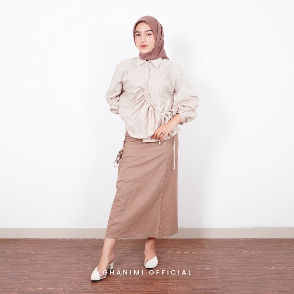 Ghanimi - Enzy Shirt / Kemeja Linen Serut / kemeja kerja / kemeja kondangan / kemeja polos katun casual formal / atasan kerja / top serut lengan panjang karet wudhu friendly