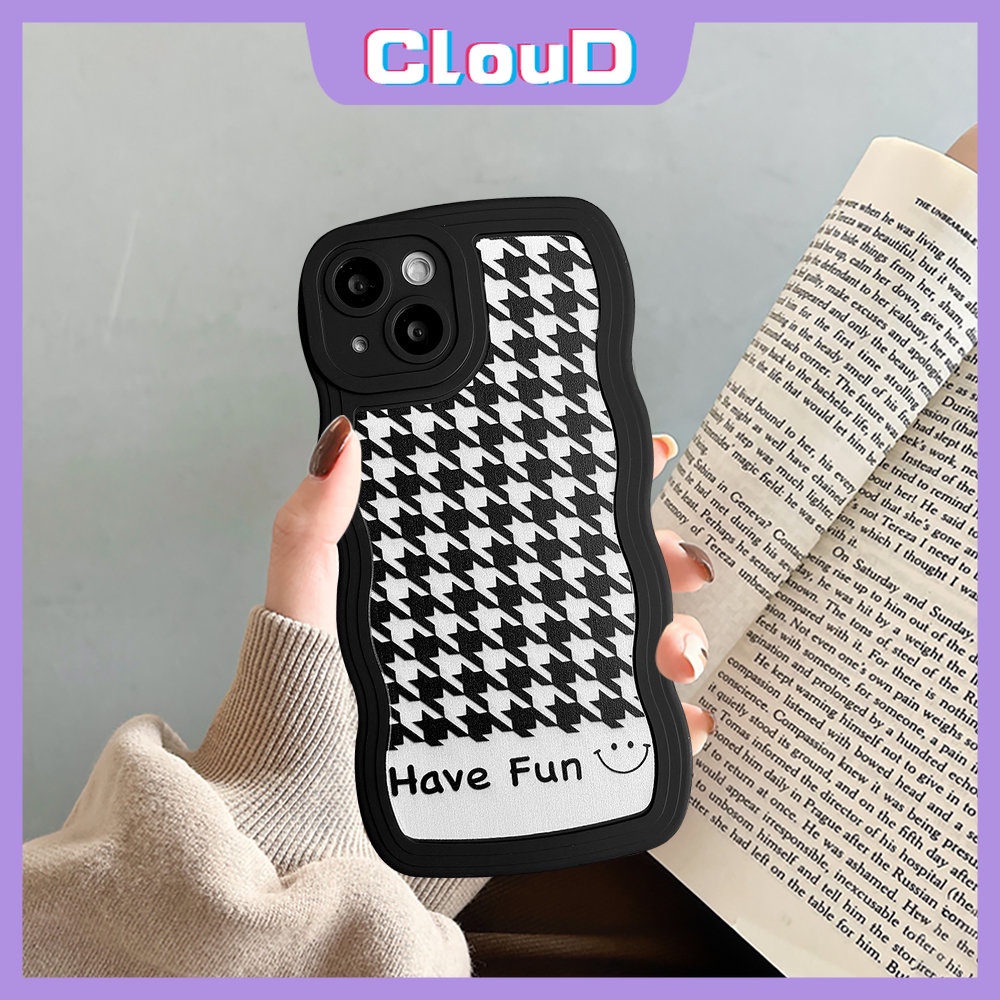 Casing Cute Smiley Soft Tpu Case Redmi Note11 11s 9pro 9s 10s 10 Note 11 10 Pro Max Plus Note8 Note9 Redmi A1 9 10 9T 10A 10C 9A 9C NFC Motif Houndstooth Wavy Edge Black Cover