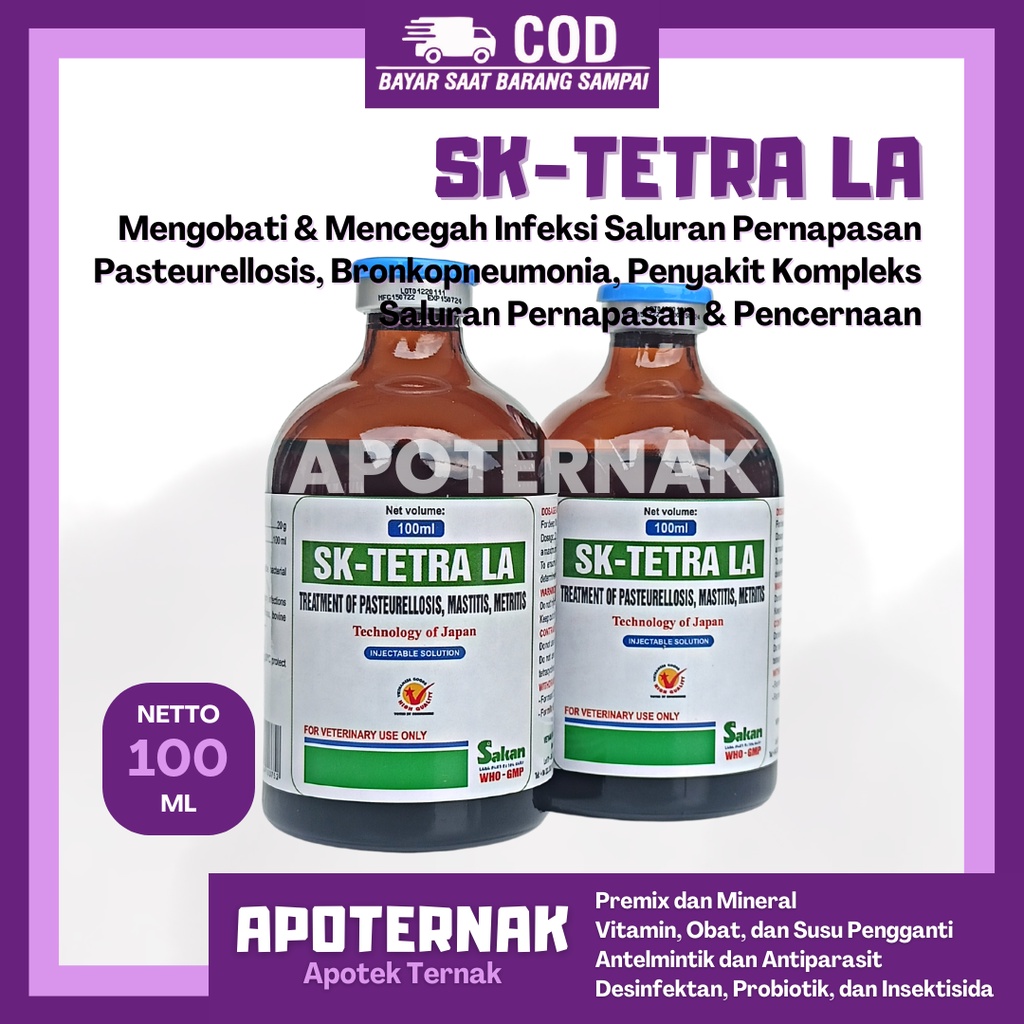 SK TETRA LA 100 ml Oxy Tetra | Obat Infeksi Pernapasan Pasteurellosis, Bronkopneumonia, Penyakit Kompleks | Mirip Oxydone Forte, Vet-Oxy LA, Limoxin LA