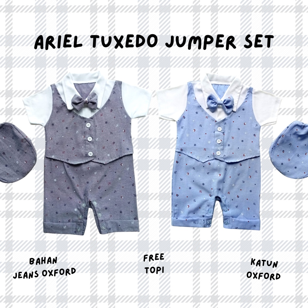 tuxedo anak laki laki tuxedo romper jumper tuxedo baby bayi 3-18 bulan free topi ARIEL TUXEDO JUMPER SET