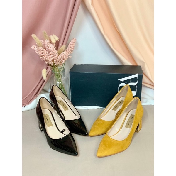 Sepatu Kulit Suede Hak Tinggi Wanita ZR Block Gold Leather Velvet High Heels 6cm Premium Import,Hita