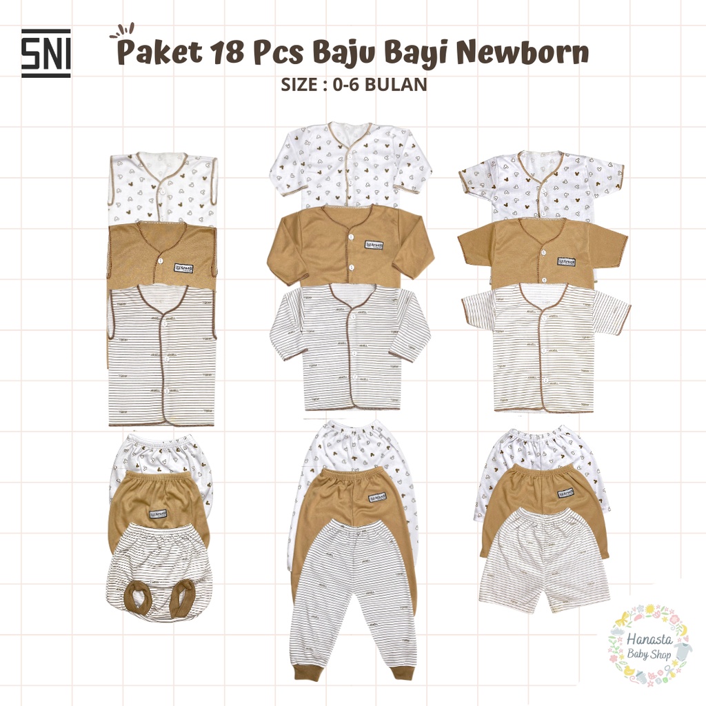 18 Pcs Baju Bayi Newborn Setelan Panjang Pendek Kutung Seri Coklat Katun