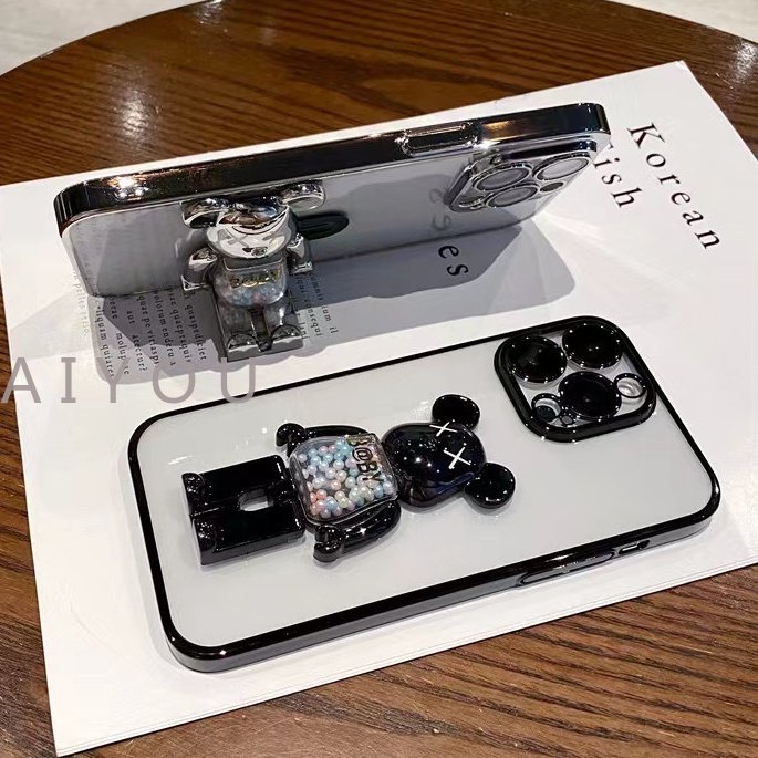 Hard Case Silikon TPU Transparan Electroplated Dengan Stand Beruang Untuk iPhone 14 Pro Max 13 12 Pro Max 14 Plus XR XSMAX 7 8 Plus