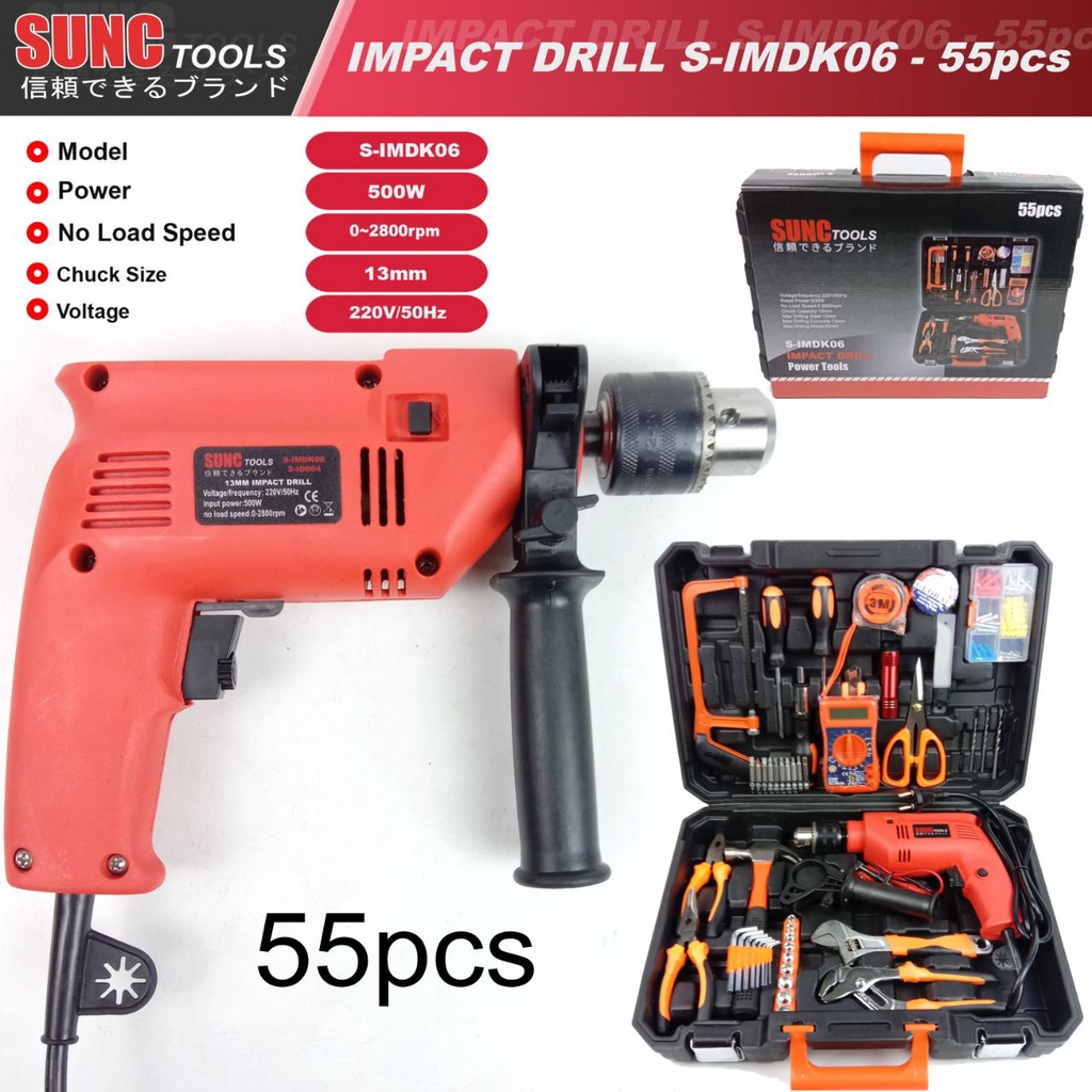 Mesin Bor Listrik Set Sunc Tools 13mm Impact Drill Box Set 55 Pcs