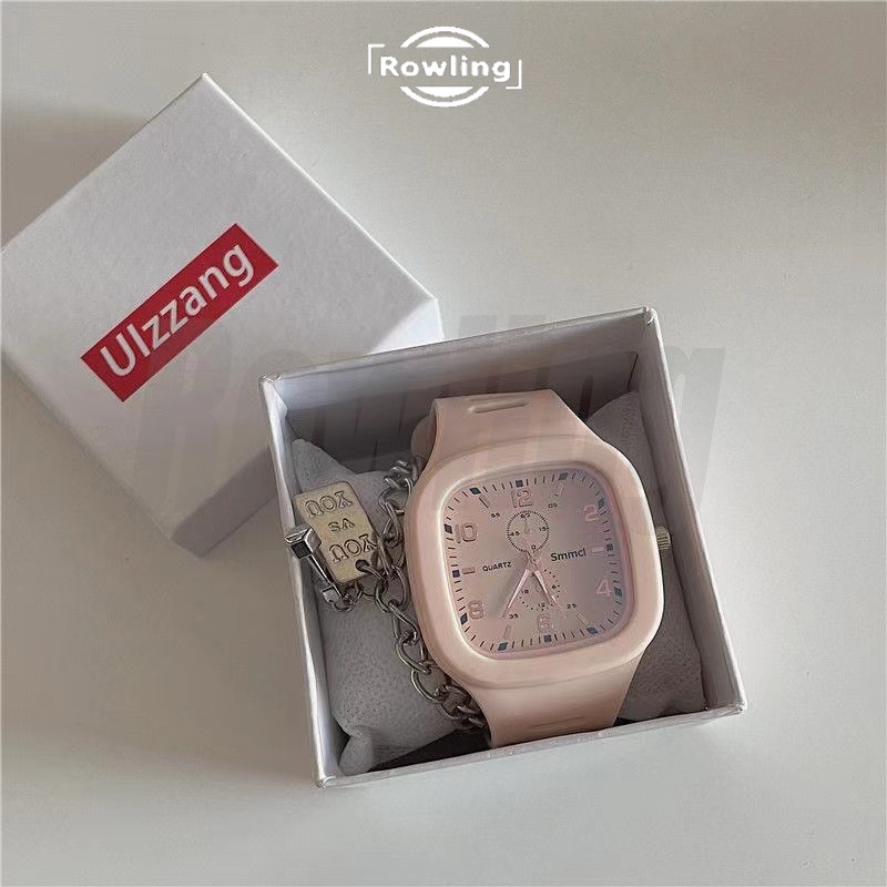 Rowling (Jam-70) Jam Tangan Rubber Quartz Kotak Besar Wanita Dan Pria Fashion Gaya Korea Unisex Import