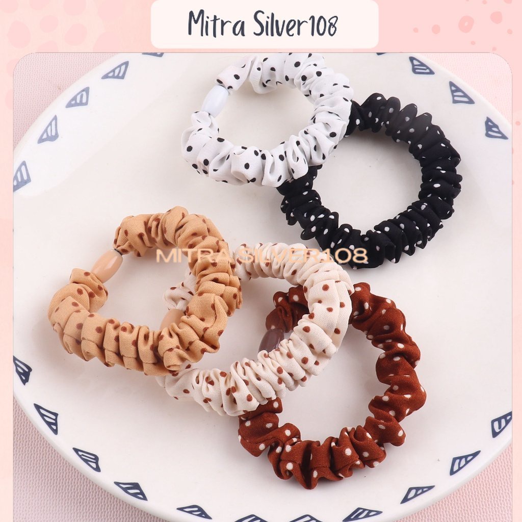 [MS108] KCR 04 - Ikat Rambut Motif Polkadot (per 1 PCS/Satuan) / Scrunchie Kekinian / Karet Rambut Aksesoris / Cepol Rambut / Ikat Rambut Gulungan Handuk Satin Sutra Nyaman Dan Elastis Impor Murah / Fashion Korea