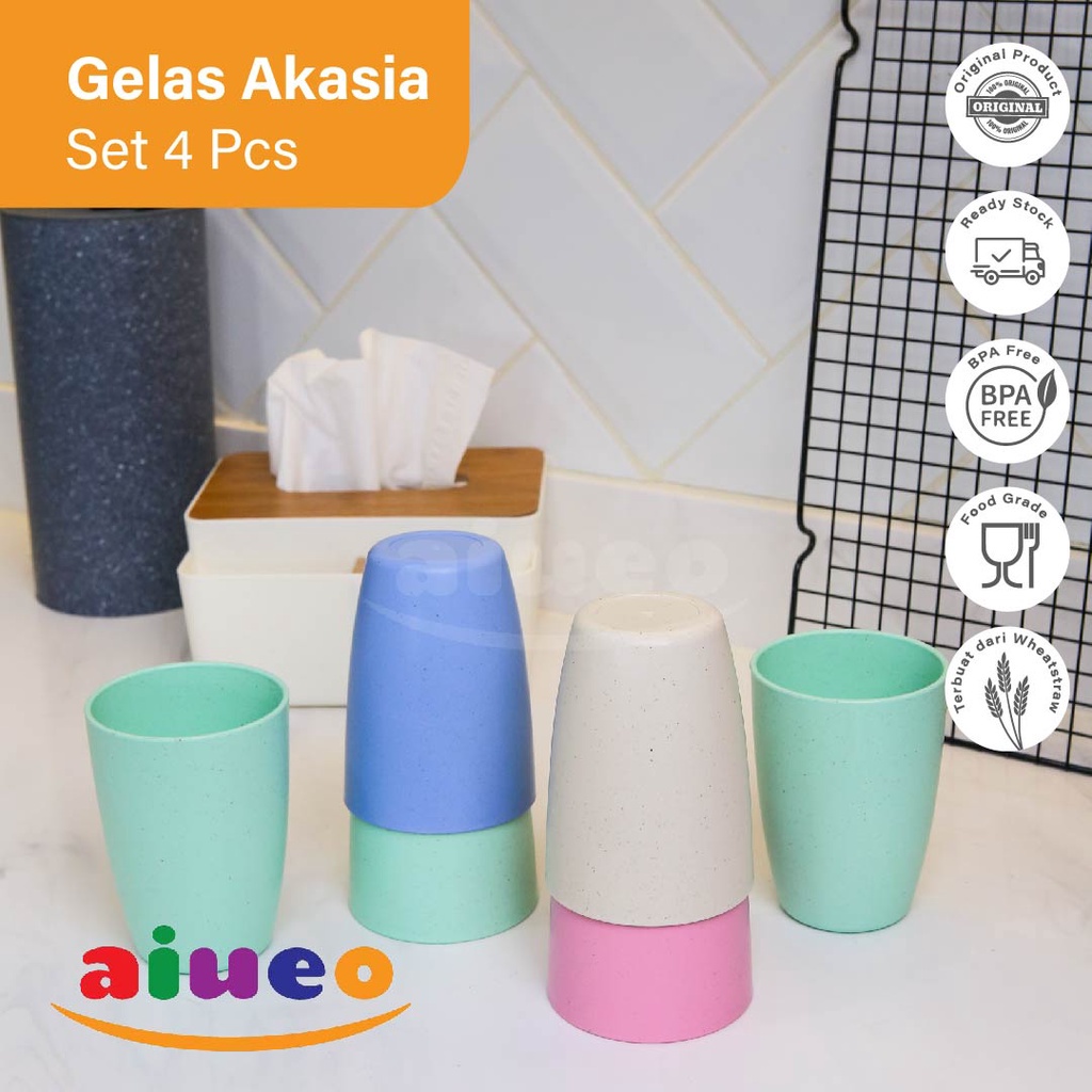 ISI 4 WARNA LENGKAP AIUEO Set 4 Pcs Gelas Teh 11 cm Wheatstraw Cangkir Plastik Cup Gelas Susu Gelas Teh Warna Warni Biru Pink Krem Hijau Ungu Pastel