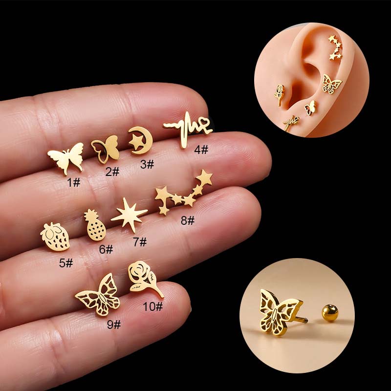 1pc Anting Tindik Hypoallergenic Bentuk Kupu-Kupu Hollow Bahan Stainless Steel