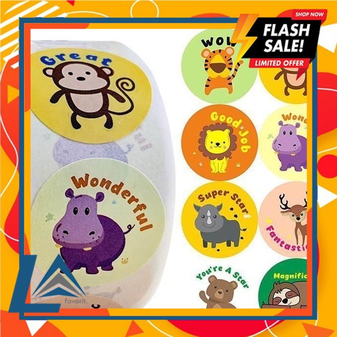 

(LA FAVORITE). Stiker Roll Reward Anak isi 500pc Label Ulang Tahun Baby Animal Tempel