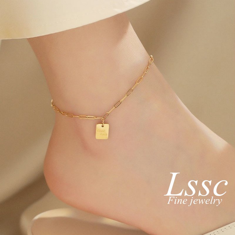 Gelang Kaki Titanium Huruf &quot;Good Luck&quot; Persegi Terbaru 2022 Korea Emas 18K Perhiasan Wanita Fashion