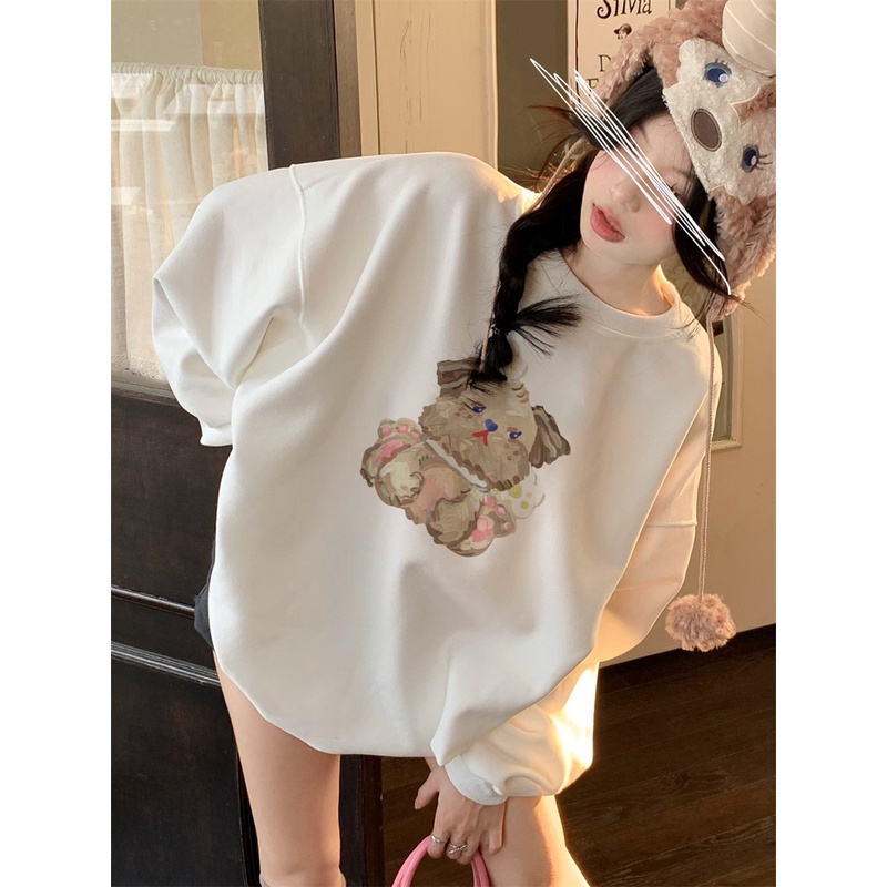 EUNII Sweater Lengan Panjang Cute Oil Painting Bear Korean Style/Hoodie Oversize/Baju Wanita/Switer Wanita