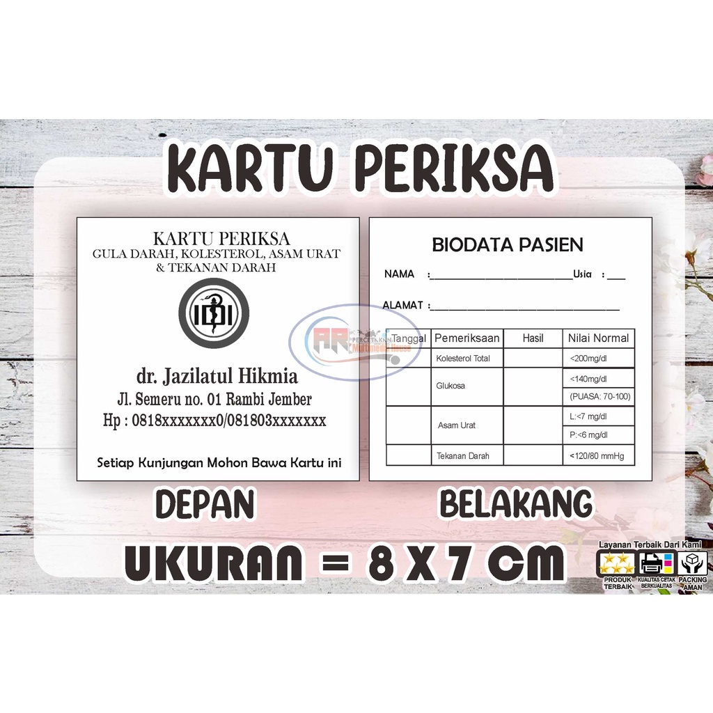

KARTU PERIKSA GULA DARAH, KOLESTEROL, ASAM URAT dan TEKANAN DARAH