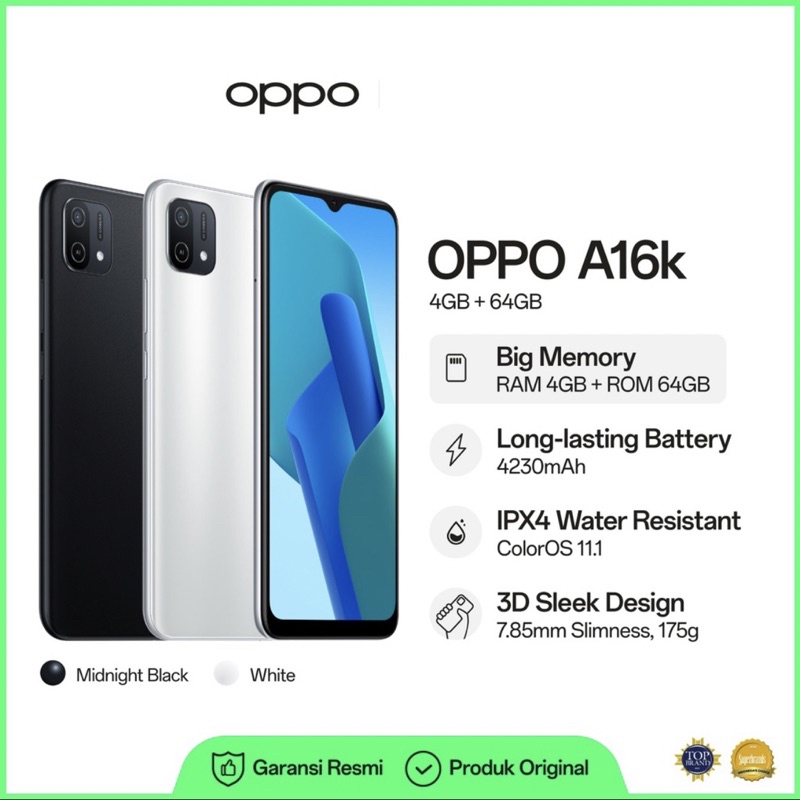 Oppo A16K [4GB+64GB] Helio G35 | Single 13MP | 6.52” IPS LCD | Li-Po 4230mAh | Garansi Resmi Oppo 1 Tahun