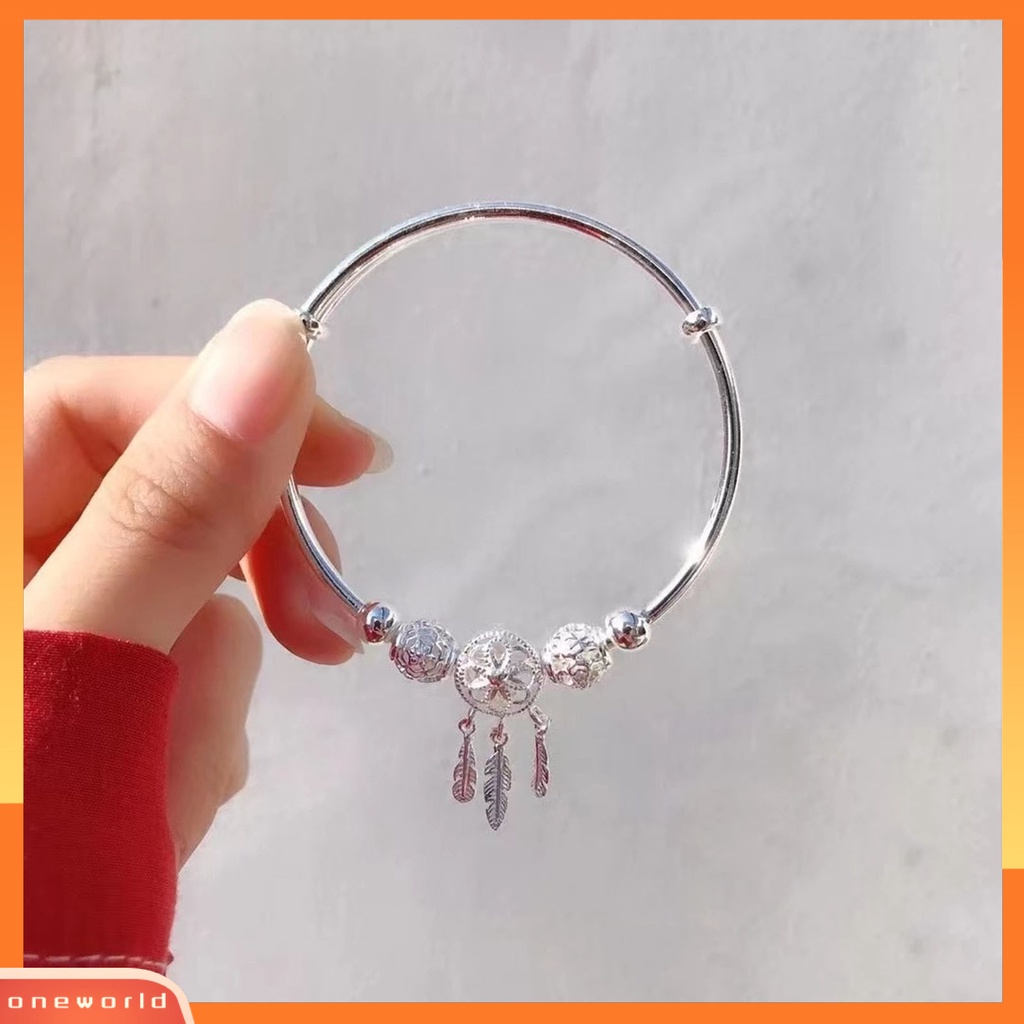 Gelang Bangle Adjustable Bentuk Lingkaran Hias Manik-Manik Bulu Rumbai Warna Silver Untuk Wanita