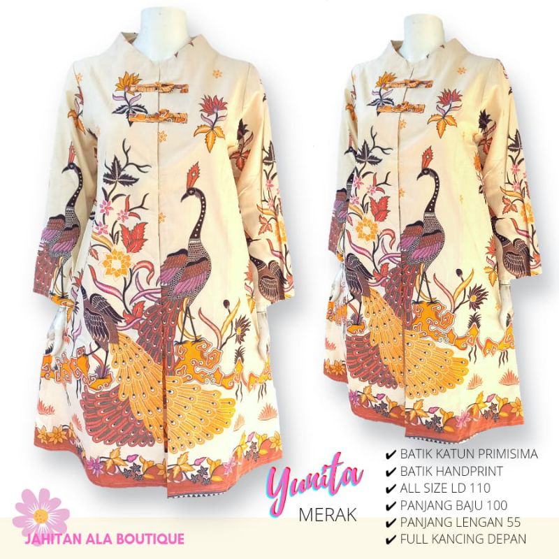 Tunik Batik Wanita Modern Atasan Dress Batik Kerja Premium Asli Solo Motif Yunita Merak Tangan Panja