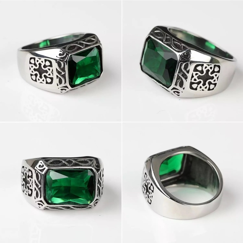 Cincin Batu Zamrud Emerald Hijau Botol Ring Titanium Mewah