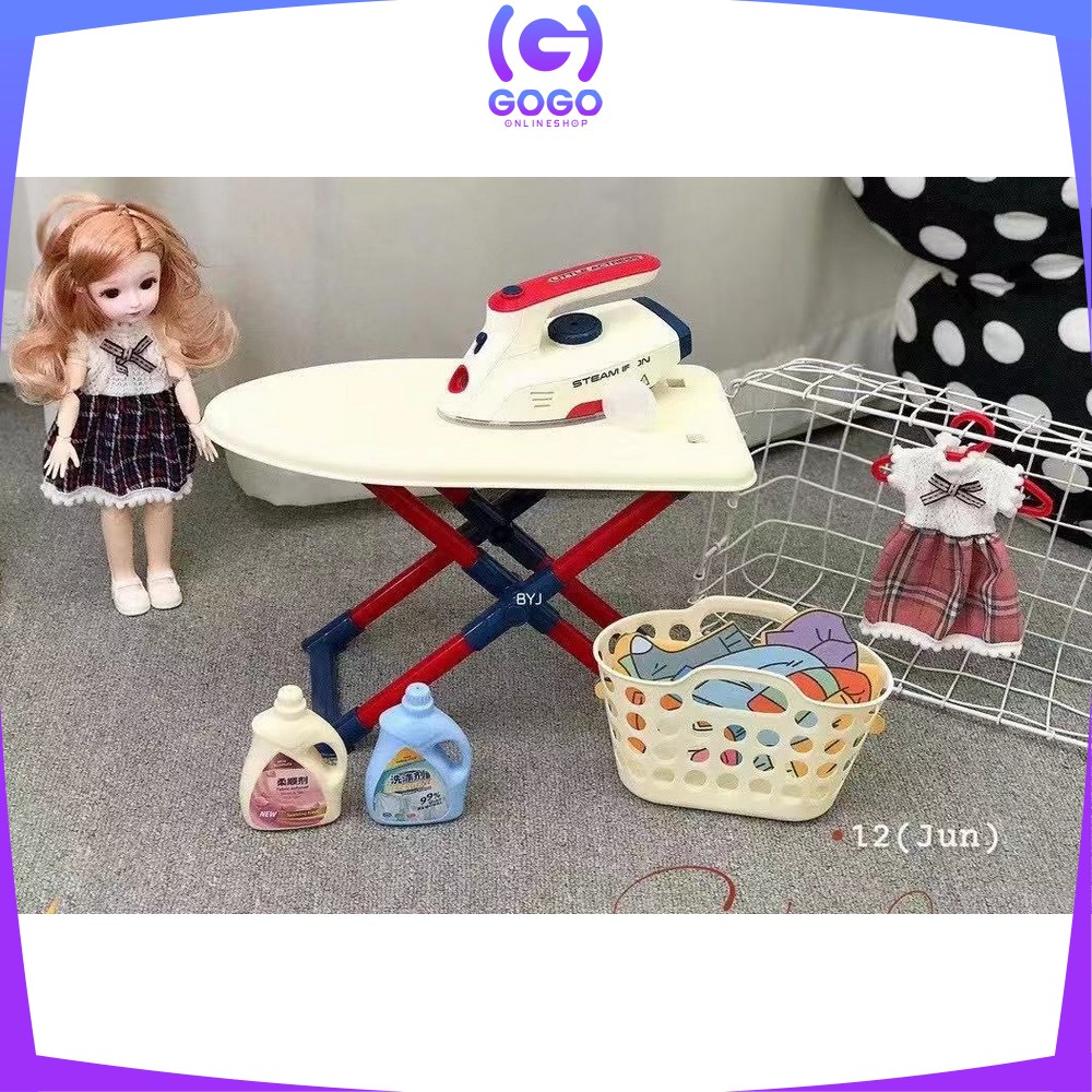 GOGO-M187 Mainan Setrika Uap Anak Perempuan Playhouse Set Pretend Play Mainan Laundry + Boneka Anak