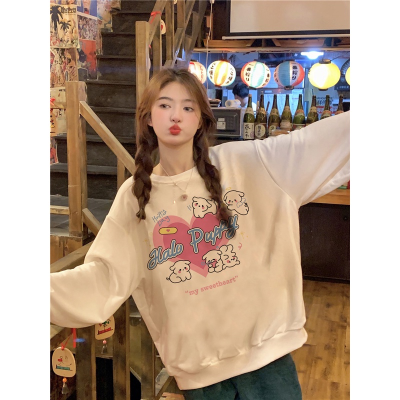 EUNII Sweater Lengan Panjang Cartoon Love Dog Korean Style/Hoodie Oversize/Baju Wanita/Switer Wanita