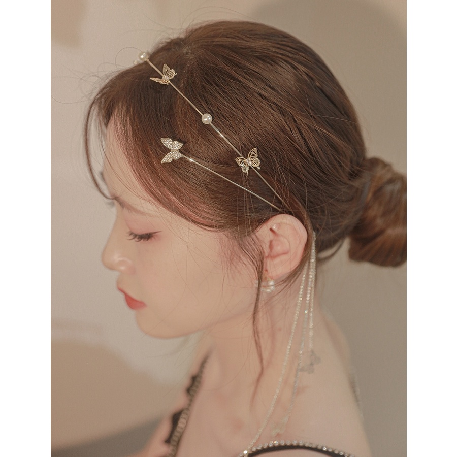 Bando Model Butterfly Aksen Mutiara Dan Berlian Imitasi Bahan Alloy Gaya Korea Untuk Wanita