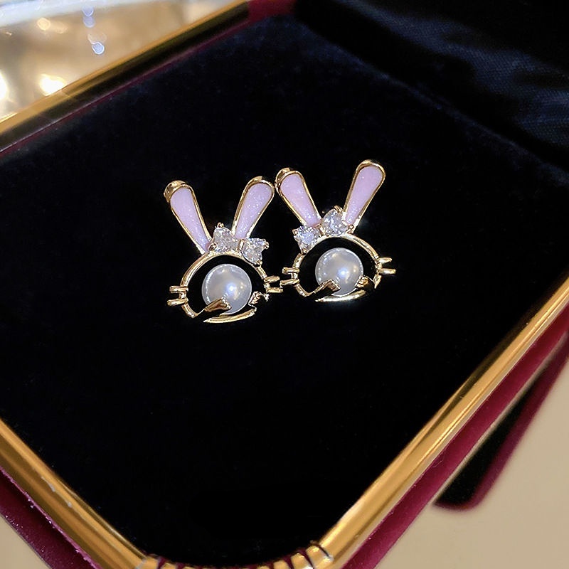 Anting S925 Silver Needle Bentuk Kelinci Aksen Mutiara Bahan Zirkon Warna Pink Gaya Korea Untuk Wanita