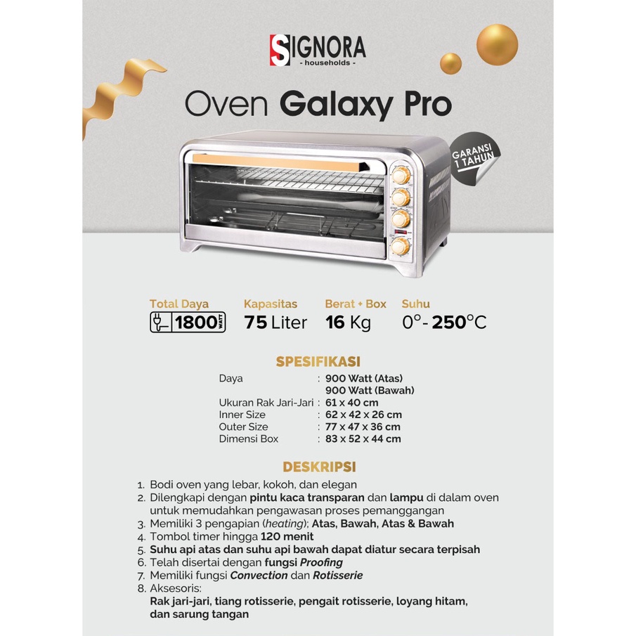 Oven Listrik SIGNORA GALAXY PRO Kapasitas 75 Liter Garansi Resmi