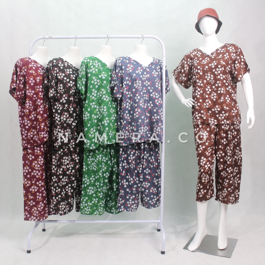 Setelan Baju Tidur Wanita Piyama Pendek Motif Daun Warna Bahan Rayon