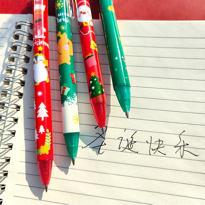 1pc Pen Gel Hitam Motif Print Kartun Rusa / Snowman / Santa Claus Warna Acak Untuk Stationery Sekolah / Kantor