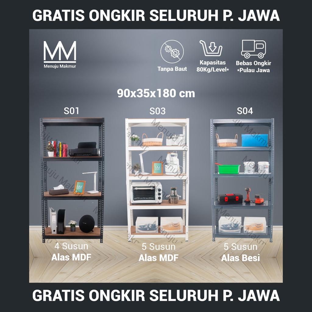 (S01/S03/S04) Rak Besi Serbaguna Mystar 90x35x180cm rak besi gudang tanpa baut rak besi siku rak bes