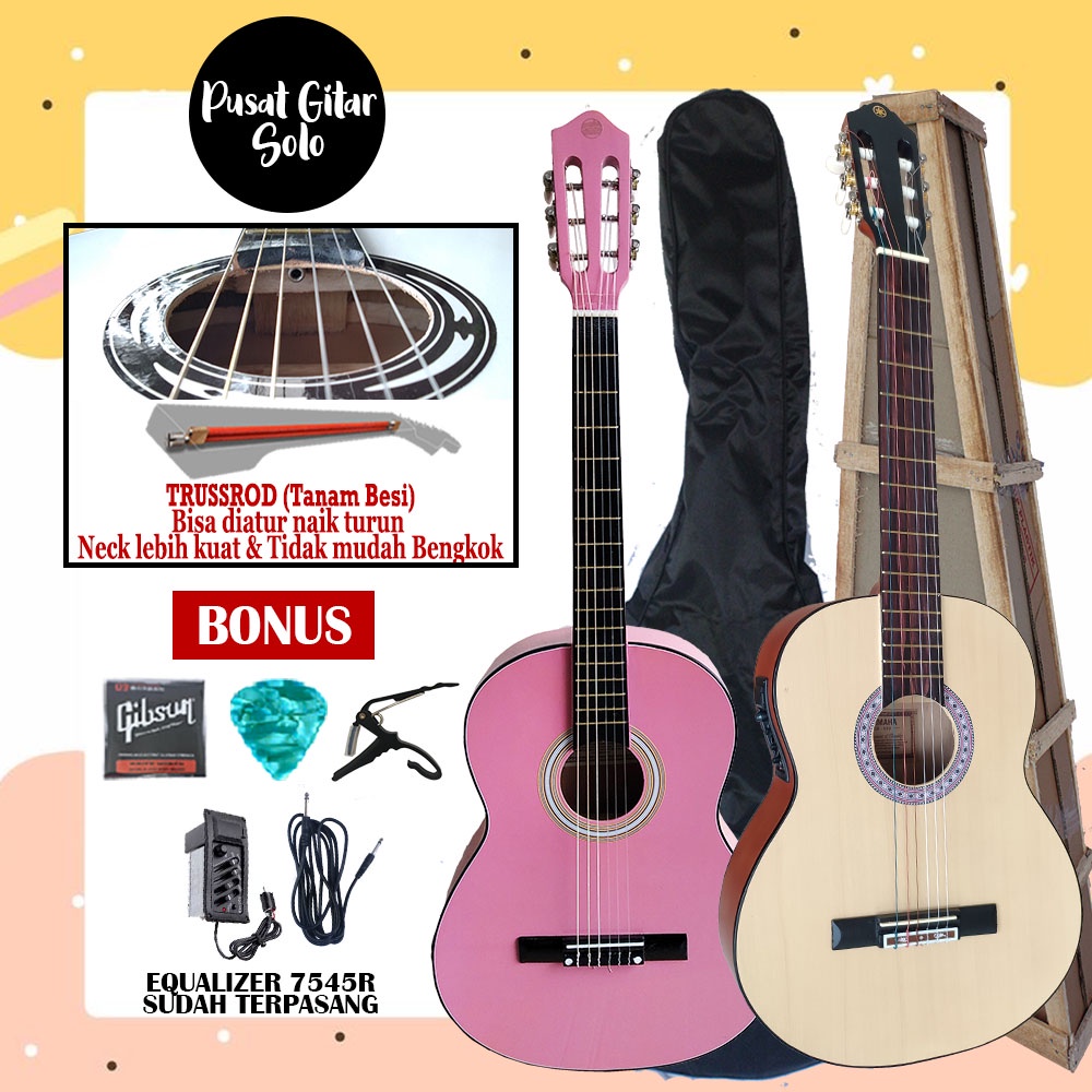 Gitar Classic Nilon Akustik Elektrik Tanam Besi Bergaransi free Packing Kayu