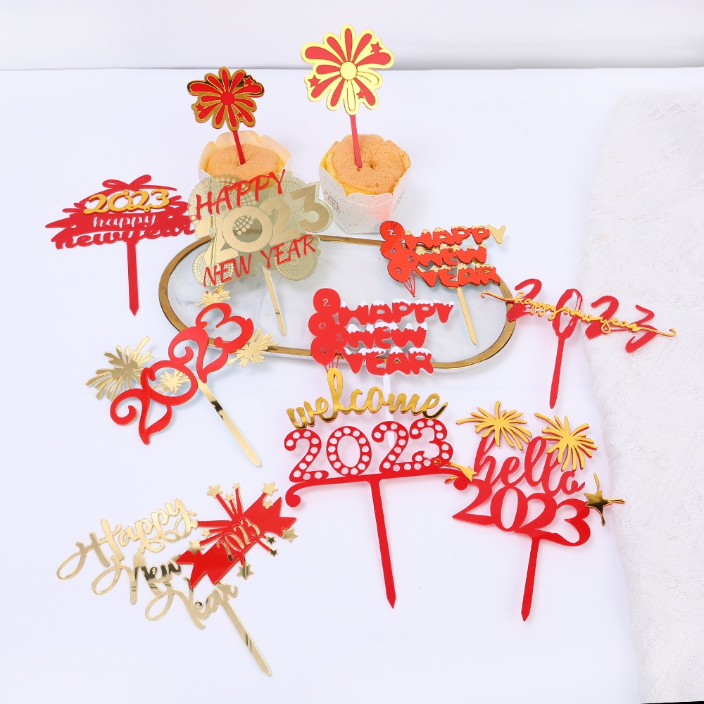 1pc Topper Kue Desain Kembang Api Warna Merah Emas Bahan Akrilik Untuk Dekorasi Natal Tahun Baru 2023