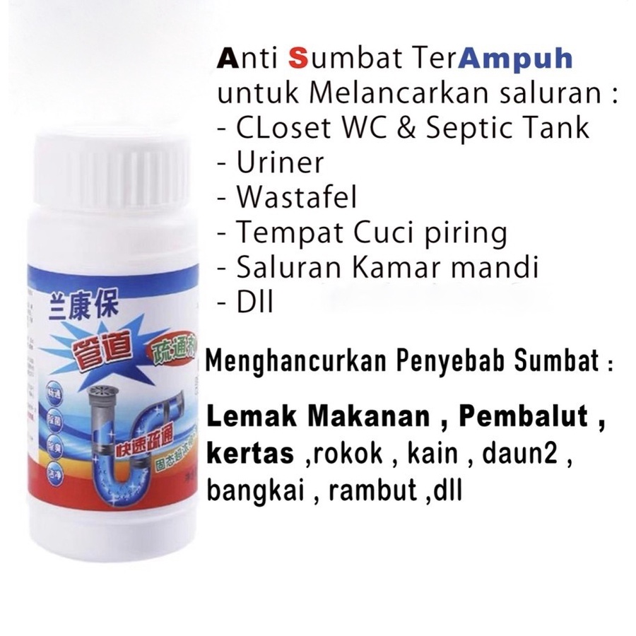 Serbuk Anti Mampet Pembersih Saluran Pipa Air Anti Sumbat Bubuk Pelancar WC Toilet Wastafel Watersink Dapur Tempat Cuci Piring