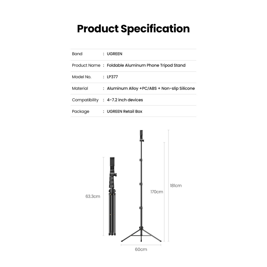 UGREEN Tripod Portabel 360° Alumunium Alloy For Handphone Kamera Livestream Tongsis Tripod 3in1 Tripod Mini + Tas