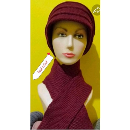 set turban ibu dan syal hangat polos / payet